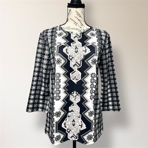 J.McLaughlin M Black White Floral Geometric Catalina Long Sleeve Artsy Top